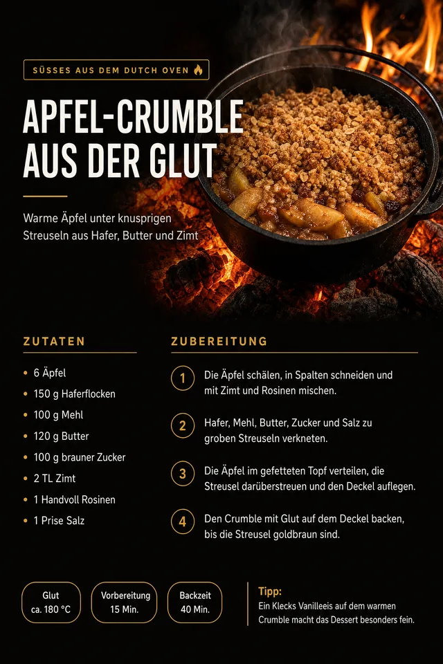Rezeptseite: Apfel-Crumble aus der Glut