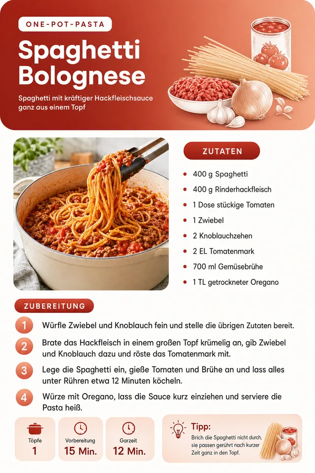 Rezeptseite: Spaghetti Bolognese aus einem Topf